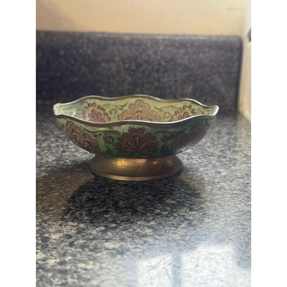 Vintage Solid Brass Enameled Bowl Colorful Peacock Design Made In India‎